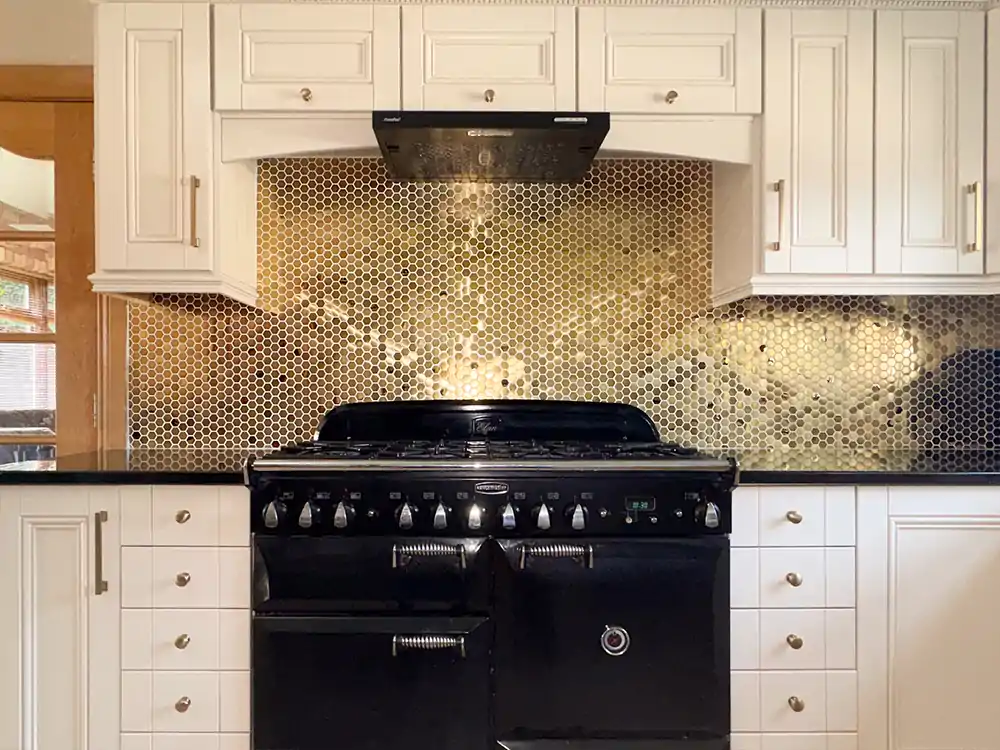 Golden Backsplash Kitchen Wall Tiles Patterned Tiles Bathroom Hexagon Mosaic Gold Project Kitchen Renovation Remodel  E-Mosaictile Design Journey  1